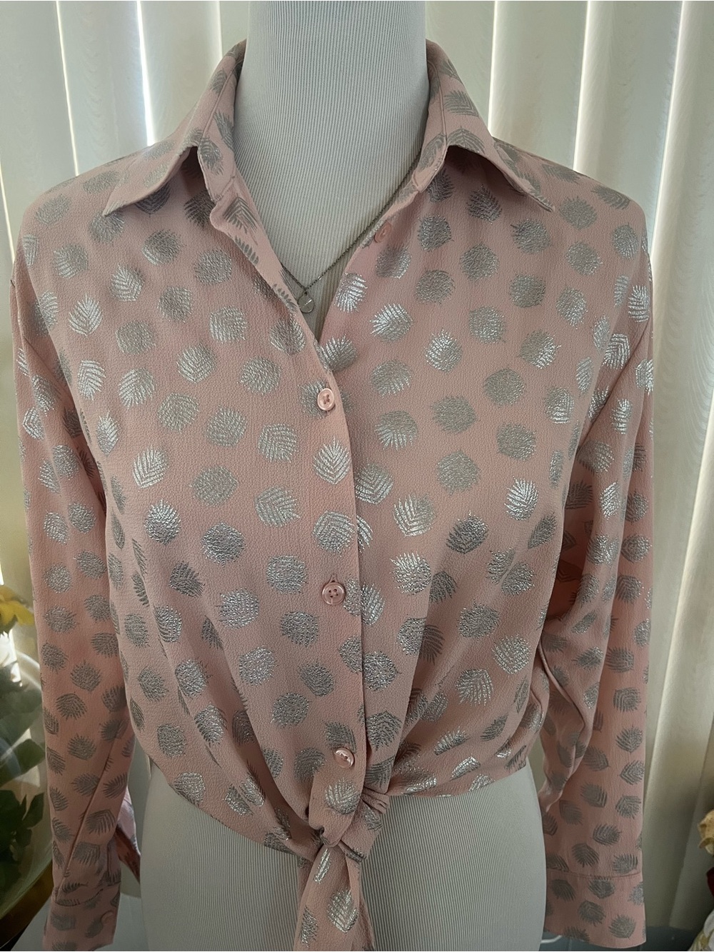 Michael Kors Blush Pink Button-Down Blouse with Silver Dot Print